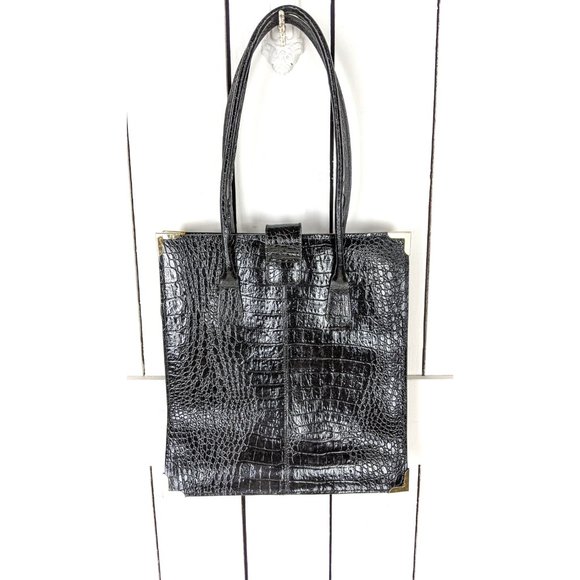 Vintage black embossed leather computer laptop tote bag purse - Picture 4 of 6